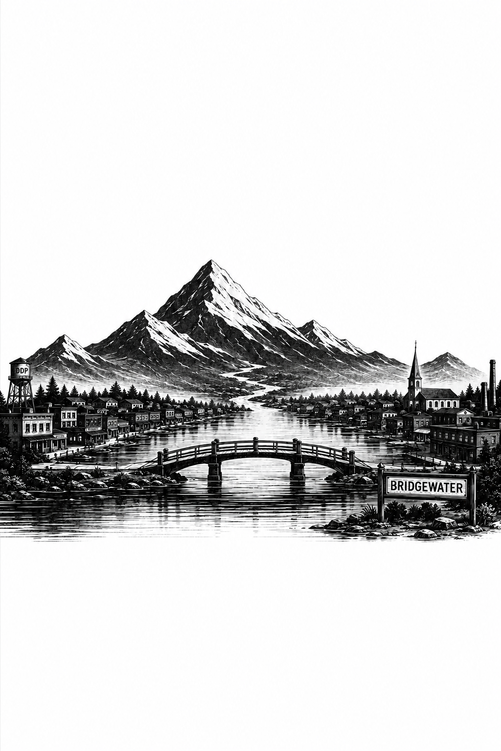 Black-on-white illustration of Bridgewater: mountains, a riverside town and an arched bridge