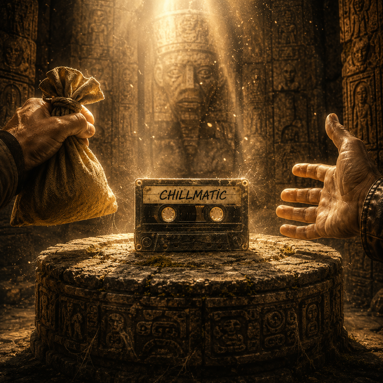 CHILLMATIC album cover concept: a cassette on a carved stone pedestal in a golden-lit chamber